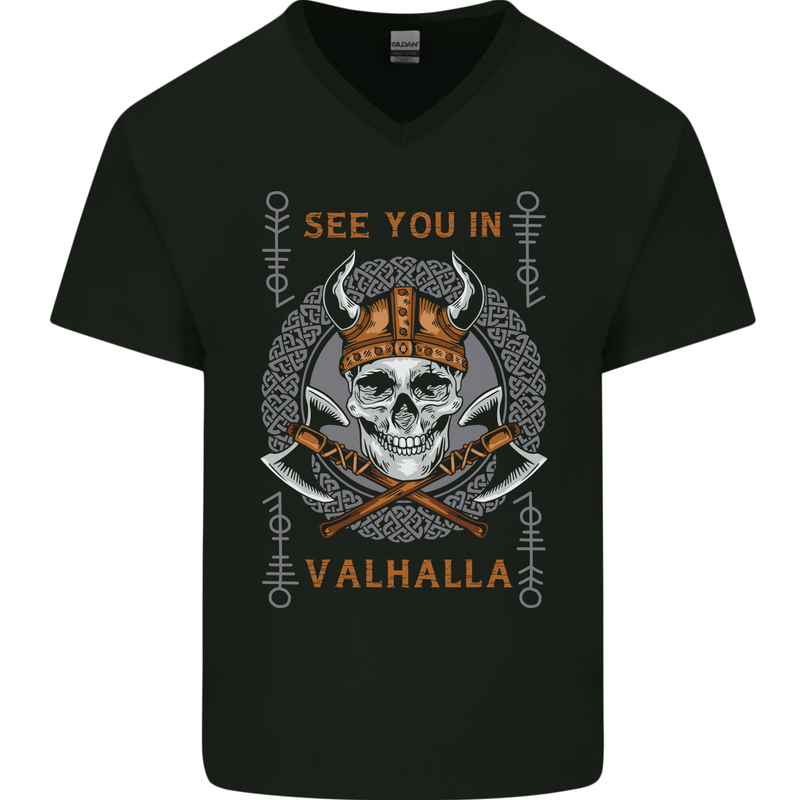 See You in Valhalla Viking Skull and Symbols Mens V-Neck Cotton T-Shirt Black