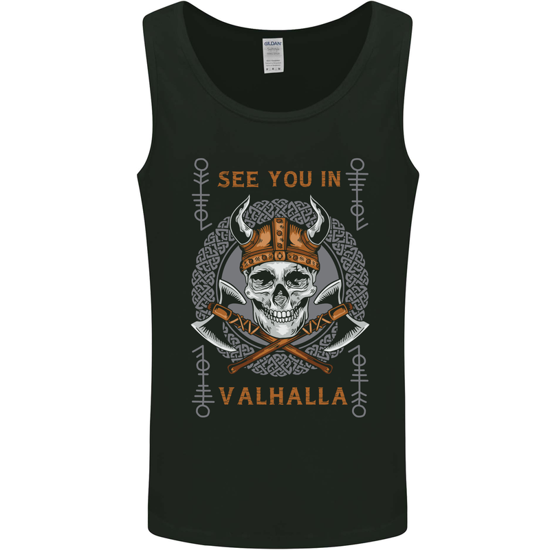 See You in Valhalla Viking Skull and Symbols Mens Vest Tank Top Black