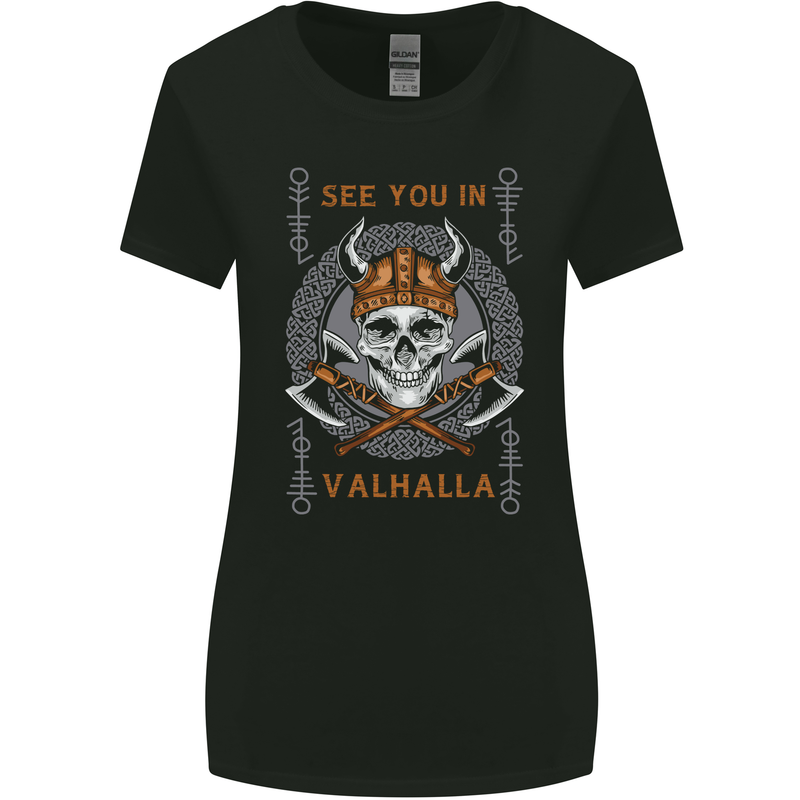See You in Valhalla Viking Skull and Symbols Womens Wider Cut T-Shirt Black