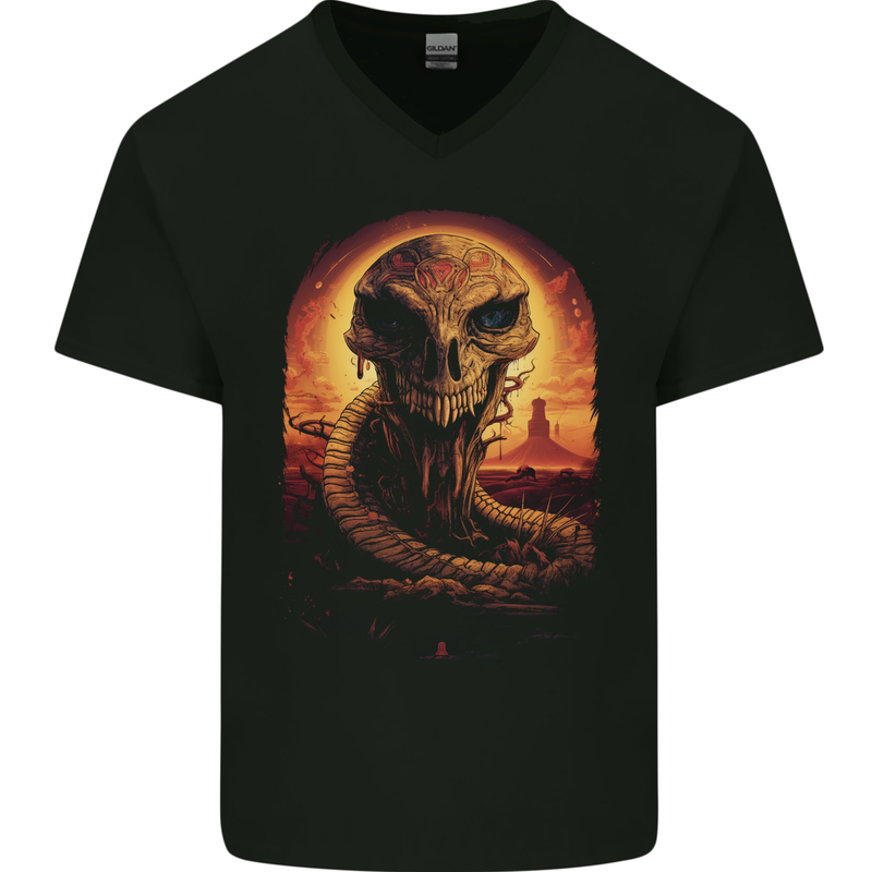 Serpent Skull Fantasy Snake Mens V-Neck Cotton T-Shirt Black