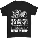 a black t - shirt with a motorcycle saying it takes more love to share the