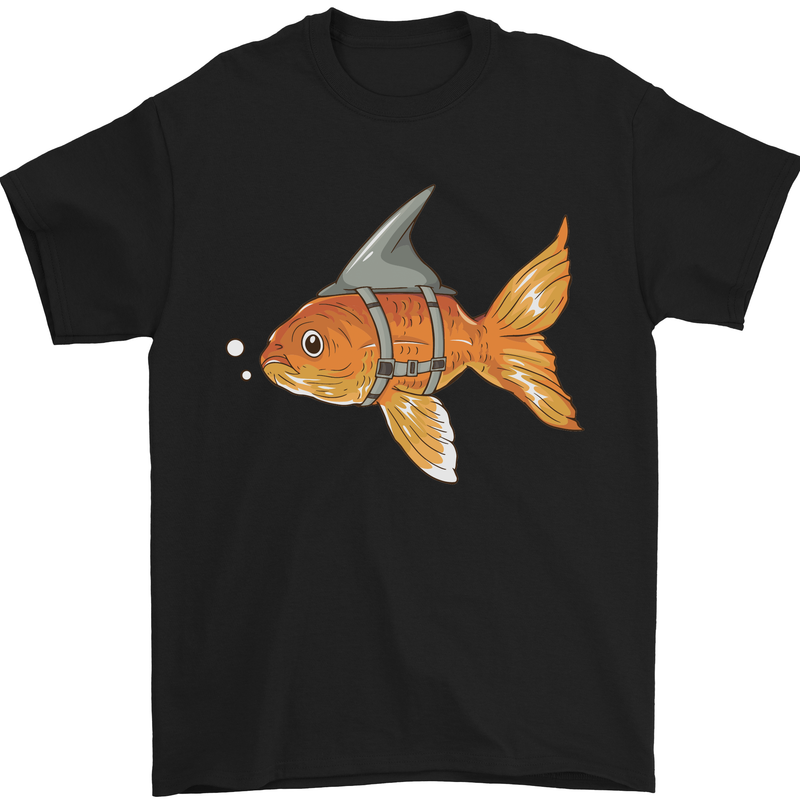 a black t - shirt with a goldfish wearing a shark fin
