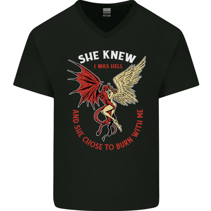 She Knew I Was Hell Devil & Angel Valentines Day Mens V-Neck Cotton T-Shirt Black