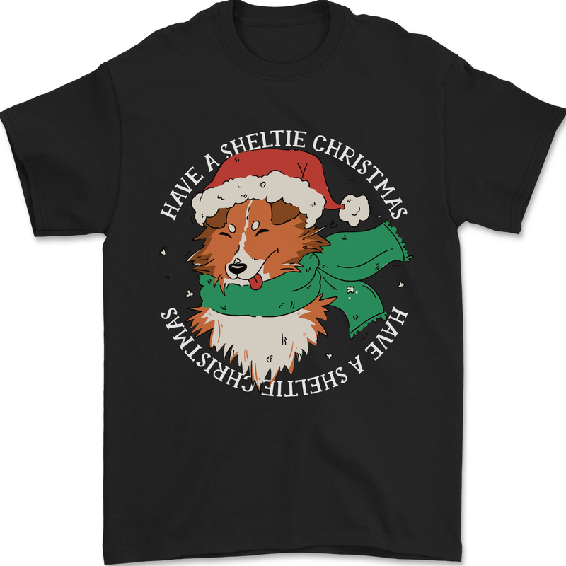 Sheltie Dog Christmas Mens T-Shirt 100% Cotton Black