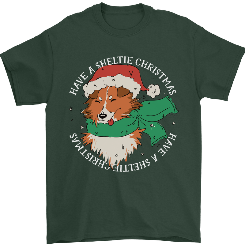 Sheltie Dog Christmas Mens T-Shirt 100% Cotton Forest Green