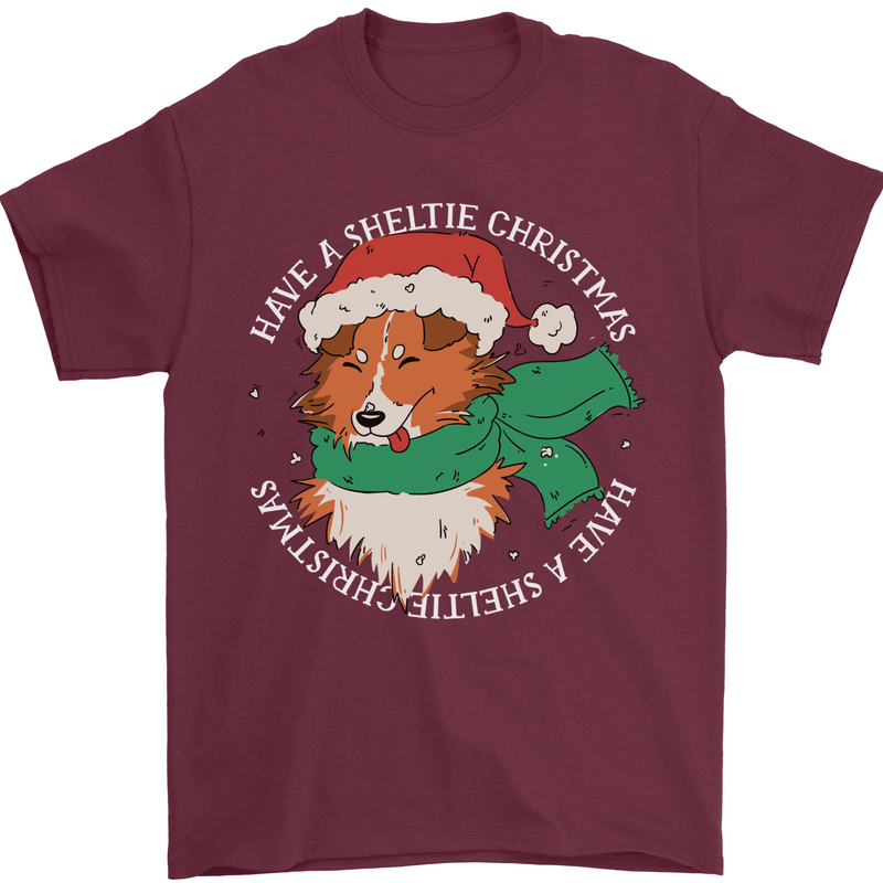 Sheltie Dog Christmas Mens T-Shirt 100% Cotton Maroon