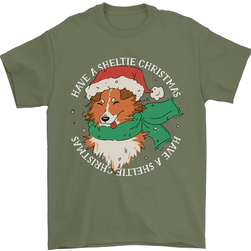 Sheltie Dog Christmas Mens T-Shirt 100% Cotton Military Green