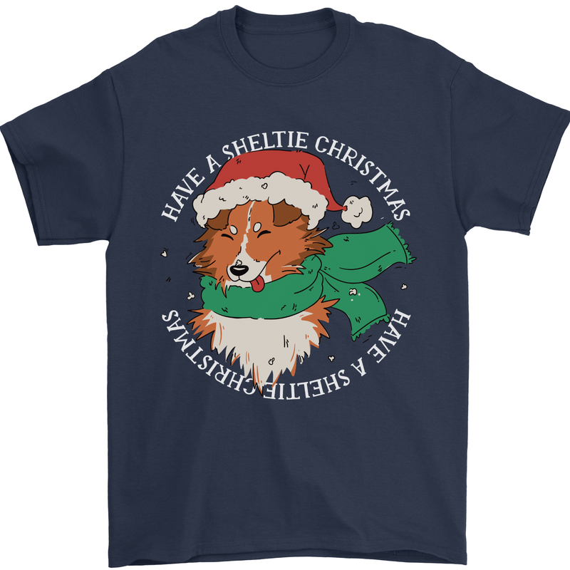 Sheltie Dog Christmas Mens T-Shirt 100% Cotton Navy Blue