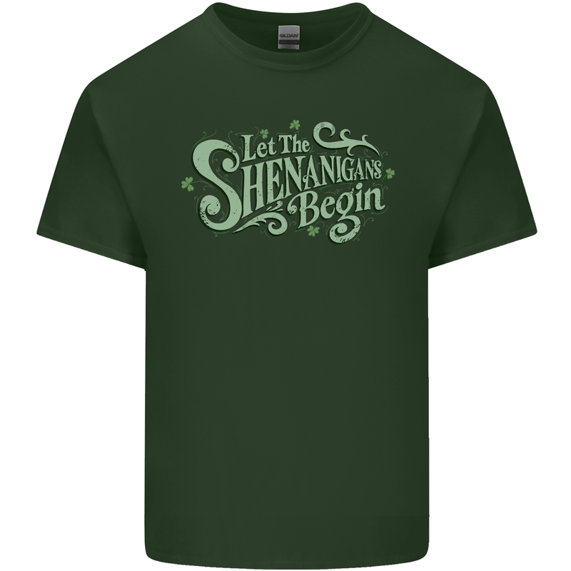 Shenanigans Begin Funny St Patricks Day Mens Cotton T-Shirt Tee Top Forest Green