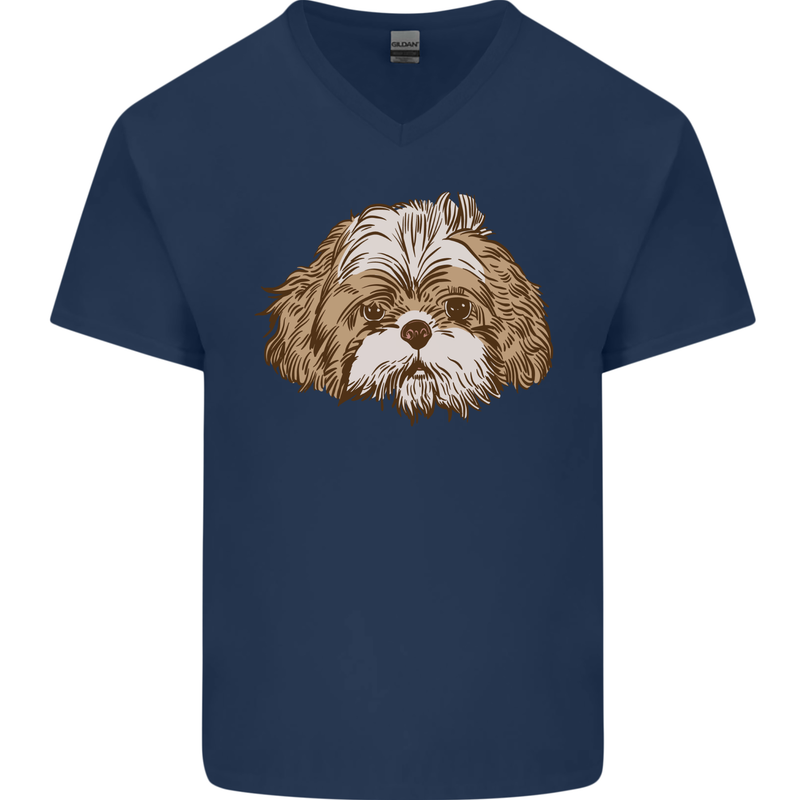 Shih Tzu Dog Head Mens V-Neck Cotton T-Shirt Navy Blue