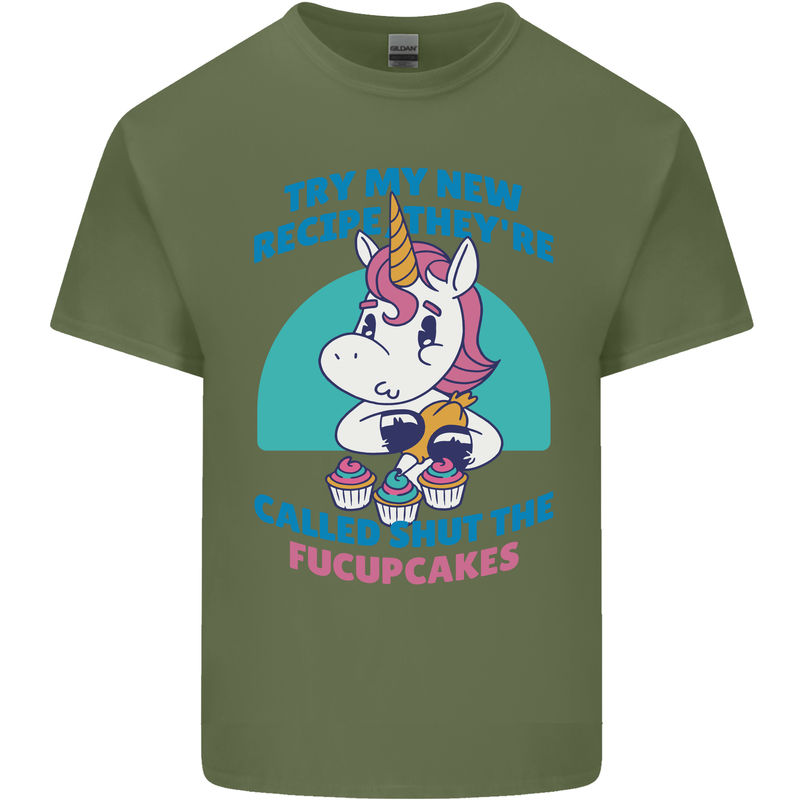 Shut the Fuckupcakes Offensive Funny Unicorn Mens Cotton T-Shirt Tee Top Military Green