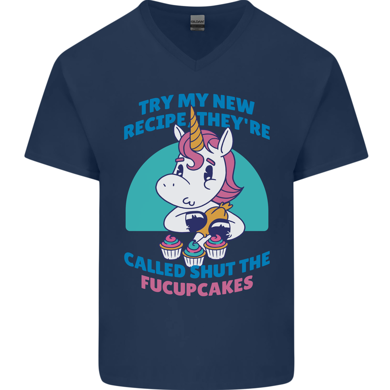 Shut the Fuckupcakes Offensive Funny Unicorn Mens V-Neck Cotton T-Shirt Navy Blue