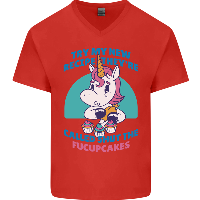 Shut the Fuckupcakes Offensive Funny Unicorn Mens V-Neck Cotton T-Shirt Red