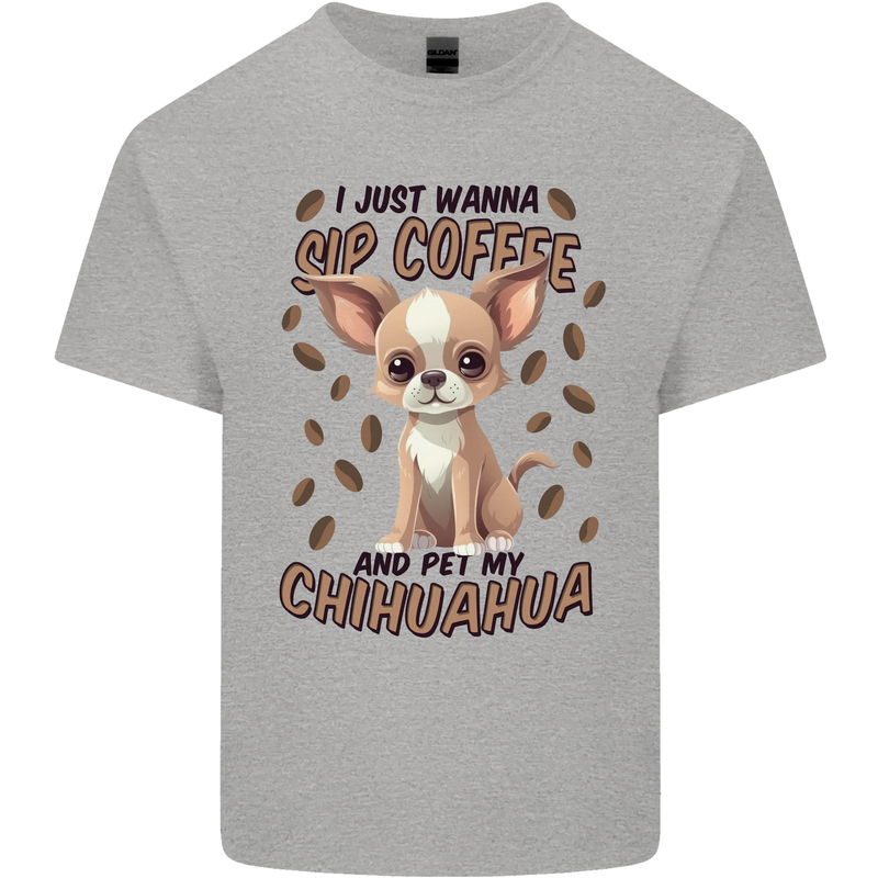 Sip Coffee and Pet My Chihuahua Mens Cotton T-Shirt Tee Top Sports Grey