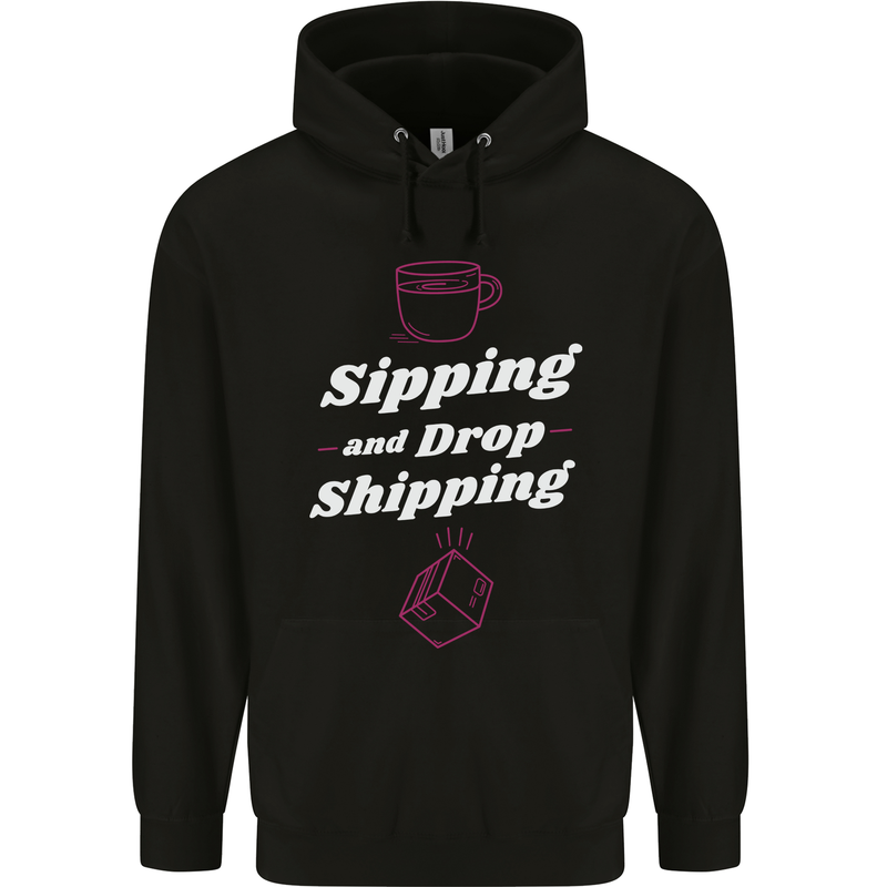 Sipping and Dropshipping Funny Coffee Work Childrens Kids Hoodie Black
