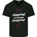 Sipping and Dropshipping Funny Coffee Work Mens V-Neck Cotton T-Shirt Black