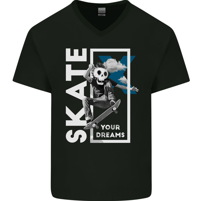 Skate Your Dreams Skateboard Skull Mens V-Neck Cotton T-Shirt Black