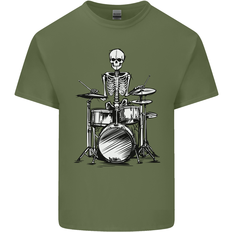 Skeleton Drummer Drumming Drums Mens Cotton T-Shirt Tee Top Military Green