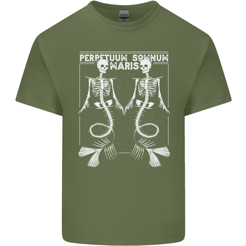 Skeleton Mermaids Eternal Sleep of the Sea Skulls Mens Cotton T-Shirt Tee Top Military Green