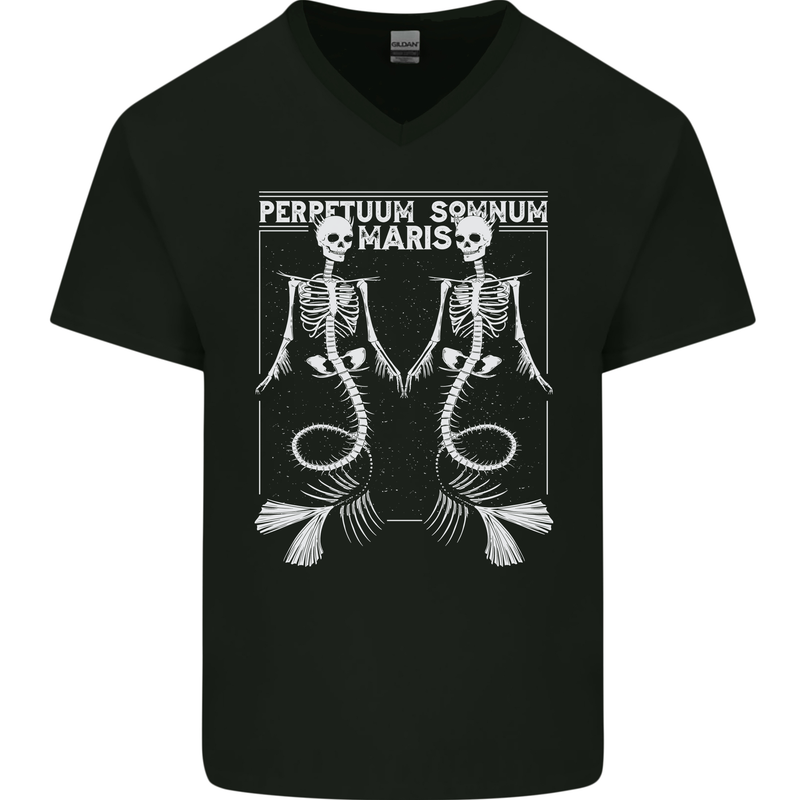 Skeleton Mermaids Eternal Sleep of the Sea Skulls Mens V-Neck Cotton T-Shirt Black