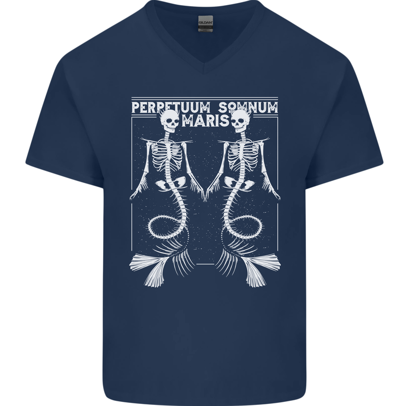 Skeleton Mermaids Eternal Sleep of the Sea Skulls Mens V-Neck Cotton T-Shirt Navy Blue