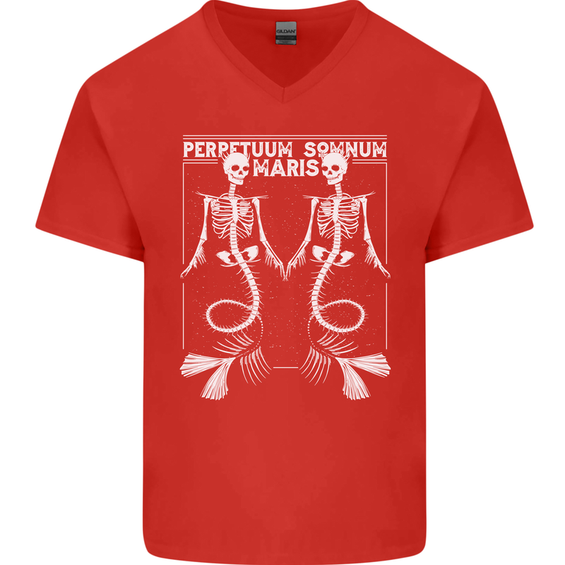 Skeleton Mermaids Eternal Sleep of the Sea Skulls Mens V-Neck Cotton T-Shirt Red