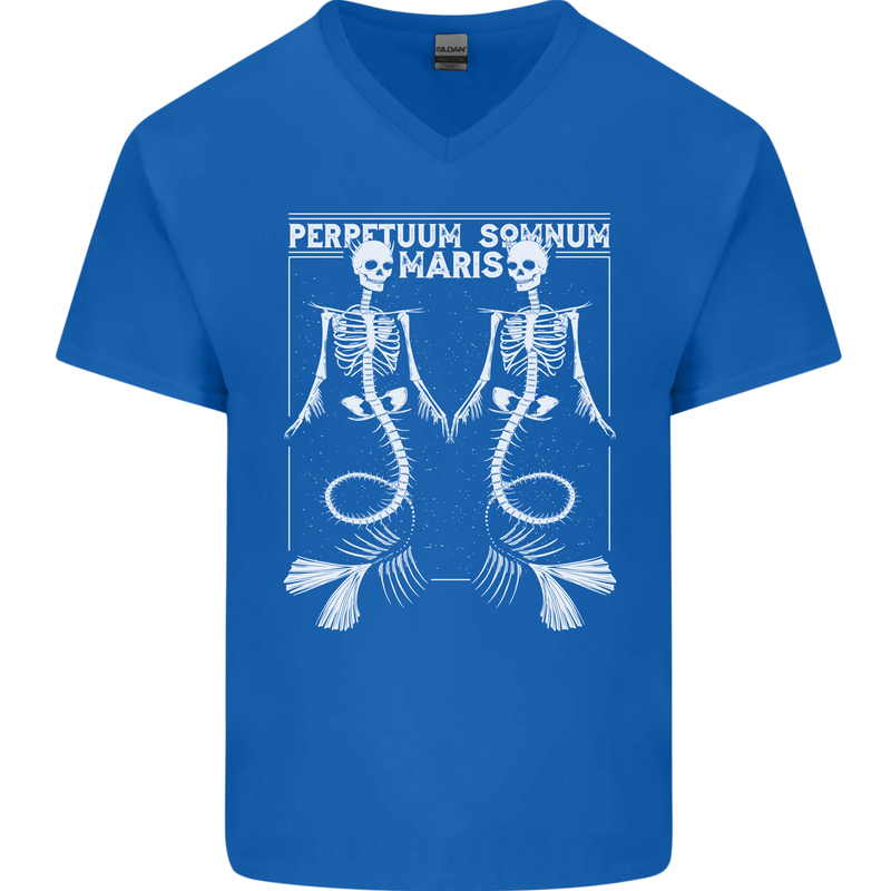 Skeleton Mermaids Eternal Sleep of the Sea Skulls Mens V-Neck Cotton T-Shirt Royal Blue