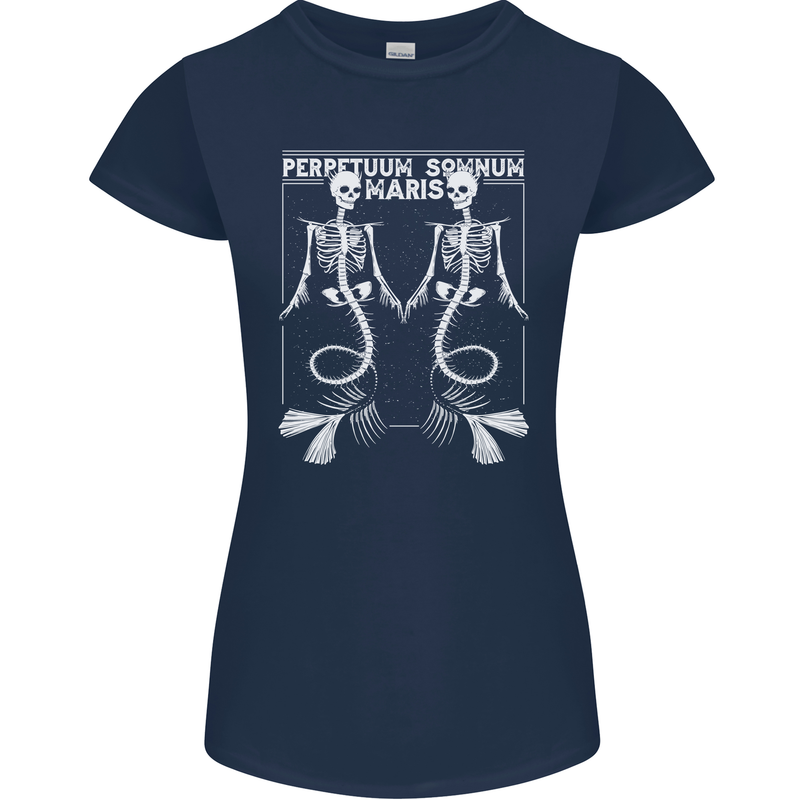 Skeleton Mermaids Eternal Sleep of the Sea Skulls Womens Petite Cut T-Shirt Navy Blue