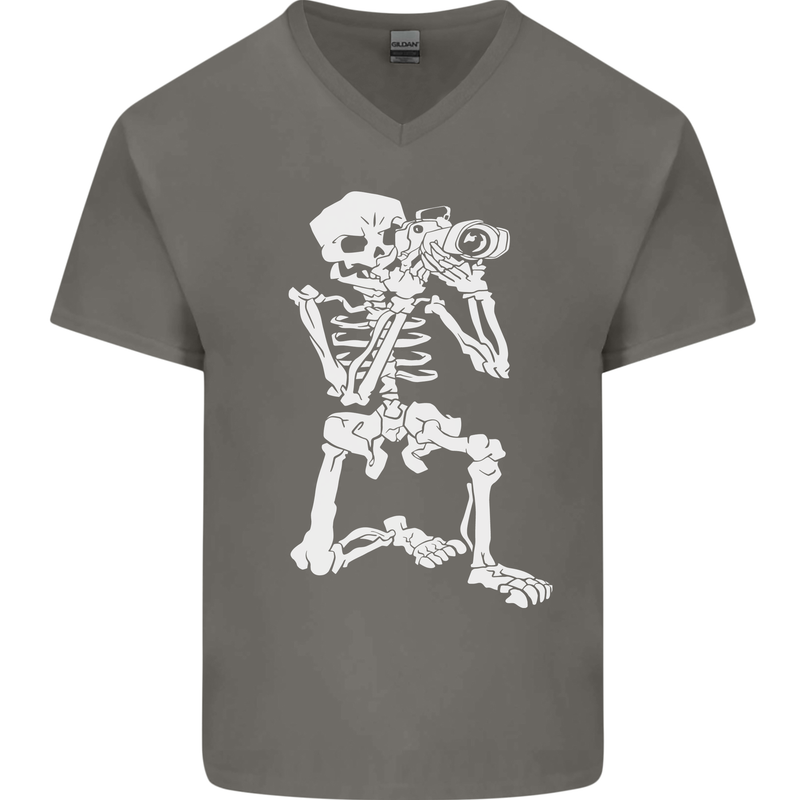 Skeleton Photographer Photography Mens V-Neck Cotton T-Shirt Charcoal