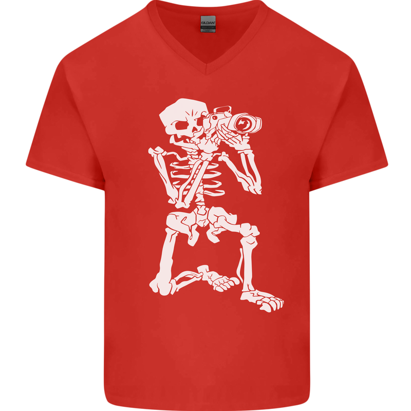 Skeleton Photographer Photography Mens V-Neck Cotton T-Shirt Red