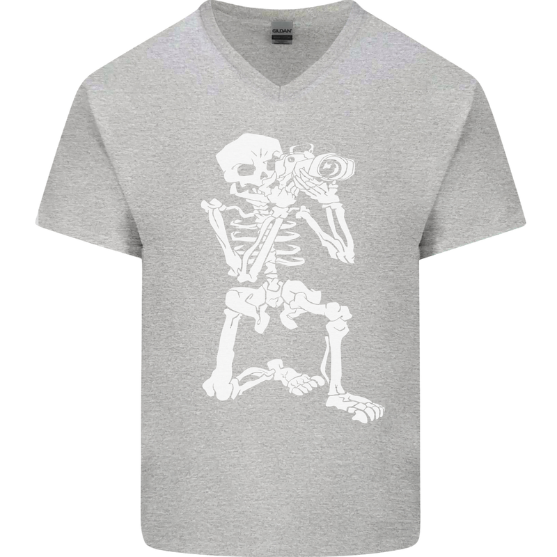 Skeleton Photographer Photography Mens V-Neck Cotton T-Shirt Sports Grey