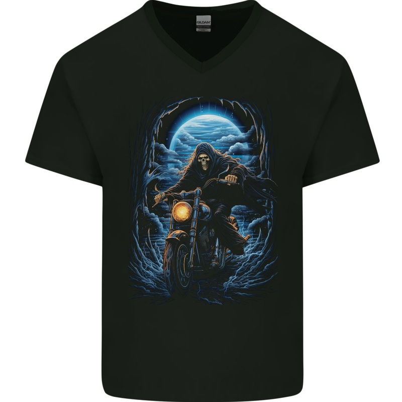 Skull Biker Motorcycle Motorbike Grim Reaper 10 Mens V-Neck Cotton T-Shirt Black