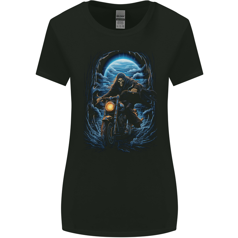 Skull Biker Motorcycle Motorbike Grim Reaper 10 Womens Wider Cut T-Shirt Black