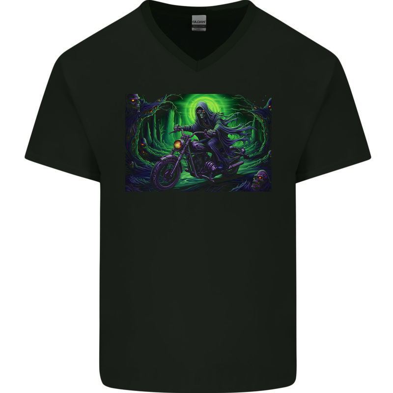 Skull Biker Motorcycle Motorbike Grim Reaper 11 Mens V-Neck Cotton T-Shirt Black