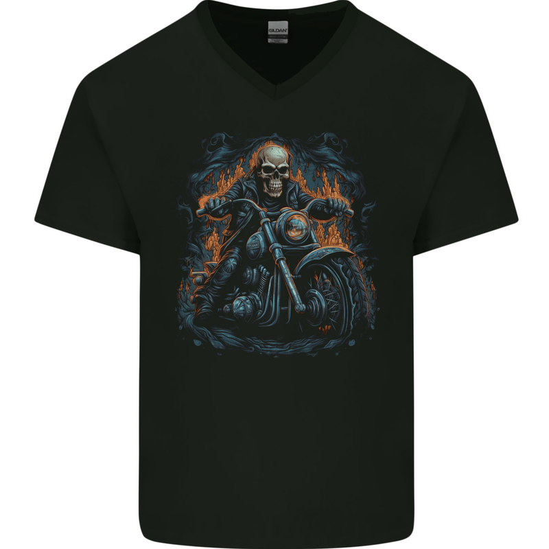 Skull Biker Motorcycle Motorbike Grim Reaper 12 Mens V-Neck Cotton T-Shirt Black