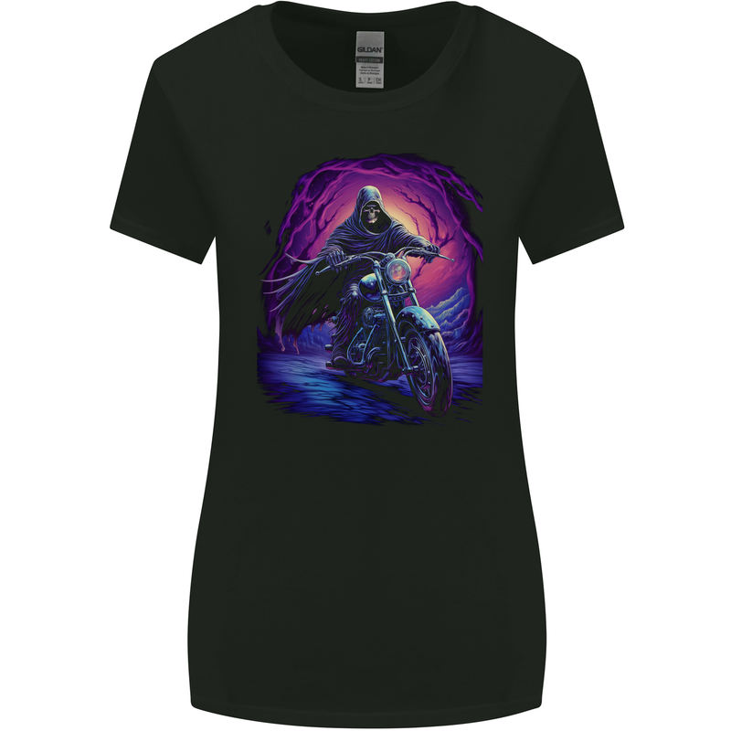 Skull Biker Motorcycle Motorbike Grim Reaper 13 Womens Wider Cut T-Shirt Black