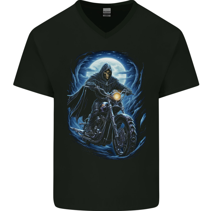 Skull Biker Motorcycle Motorbike Grim Reaper 15 Mens V-Neck Cotton T-Shirt Black