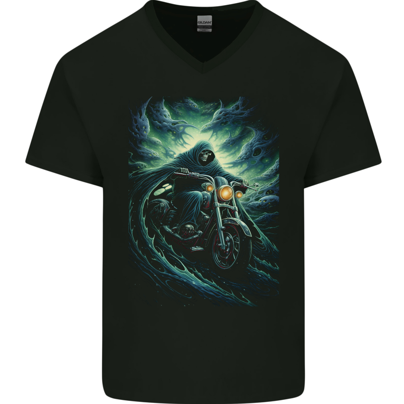 Skull Biker Motorcycle Motorbike Grim Reaper 17 Mens V-Neck Cotton T-Shirt Black
