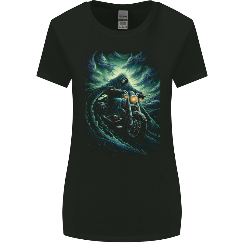 Skull Biker Motorcycle Motorbike Grim Reaper 17 Womens Wider Cut T-Shirt Black