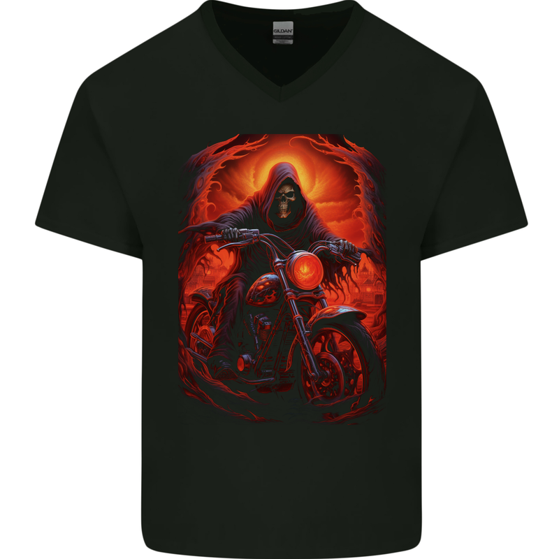 Skull Biker Motorcycle Motorbike Grim Reaper 18 Mens V-Neck Cotton T-Shirt Black