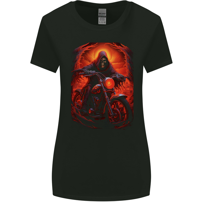 Skull Biker Motorcycle Motorbike Grim Reaper 18 Womens Wider Cut T-Shirt Black