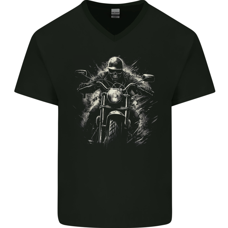 Skull Biker Motorcycle Motorbike Grim Reaper 19 Mens V-Neck Cotton T-Shirt Black