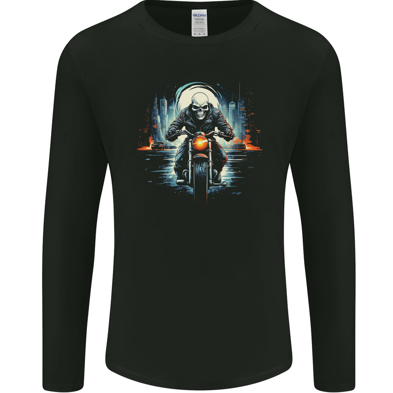 Skull Biker Motorcycle Motorbike Grim Reaper 20 Mens Long Sleeve T-Shirt Black