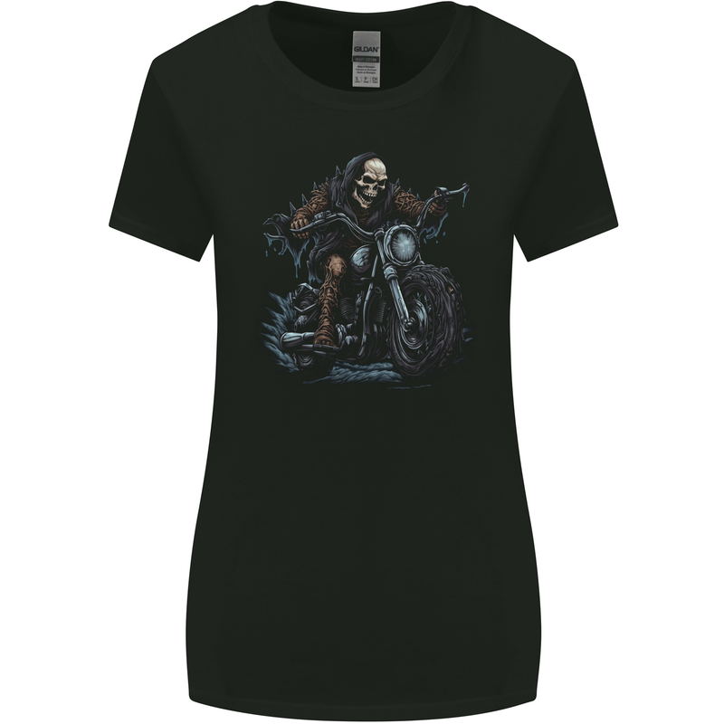 Skull Biker Motorcycle Motorbike Grim Reaper 28 Womens Wider Cut T-Shirt Black