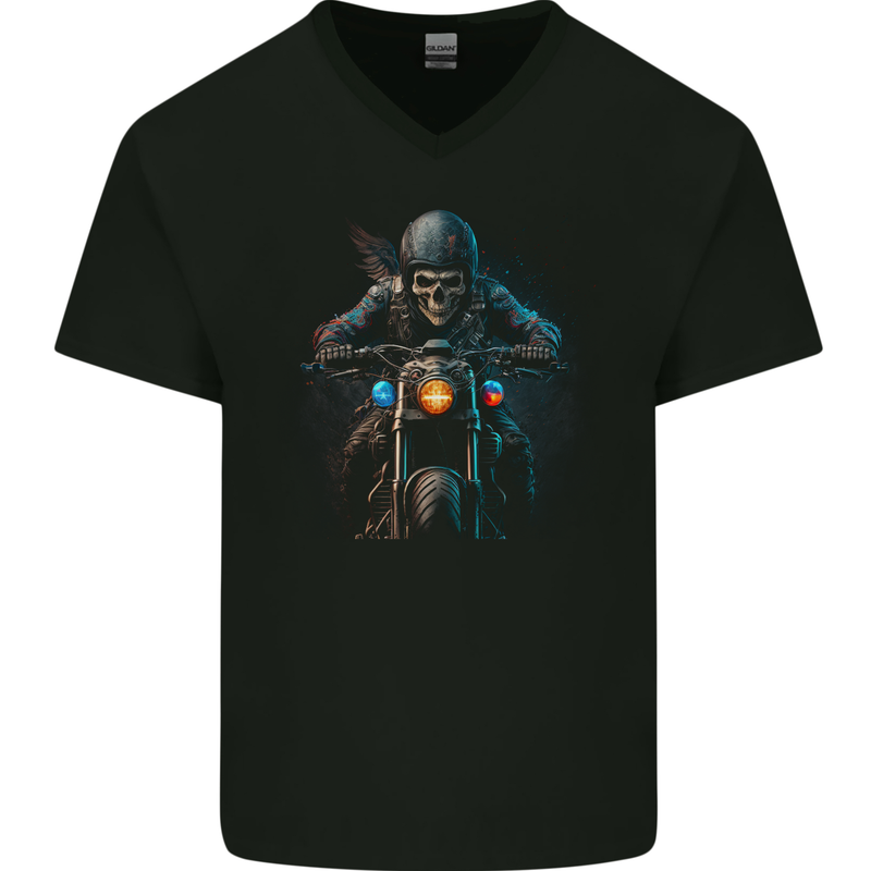 Skull Biker Motorcycle Motorbike Grim Reaper 2 Mens V-Neck Cotton T-Shirt Black