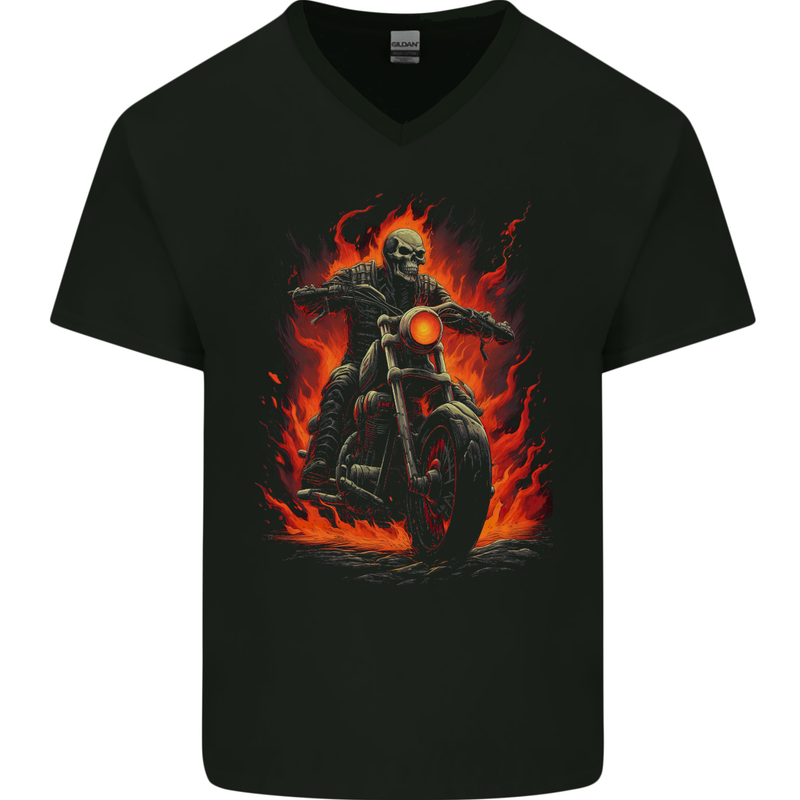 Skull Biker Motorcycle Motorbike Grim Reaper 31 Mens V-Neck Cotton T-Shirt Black