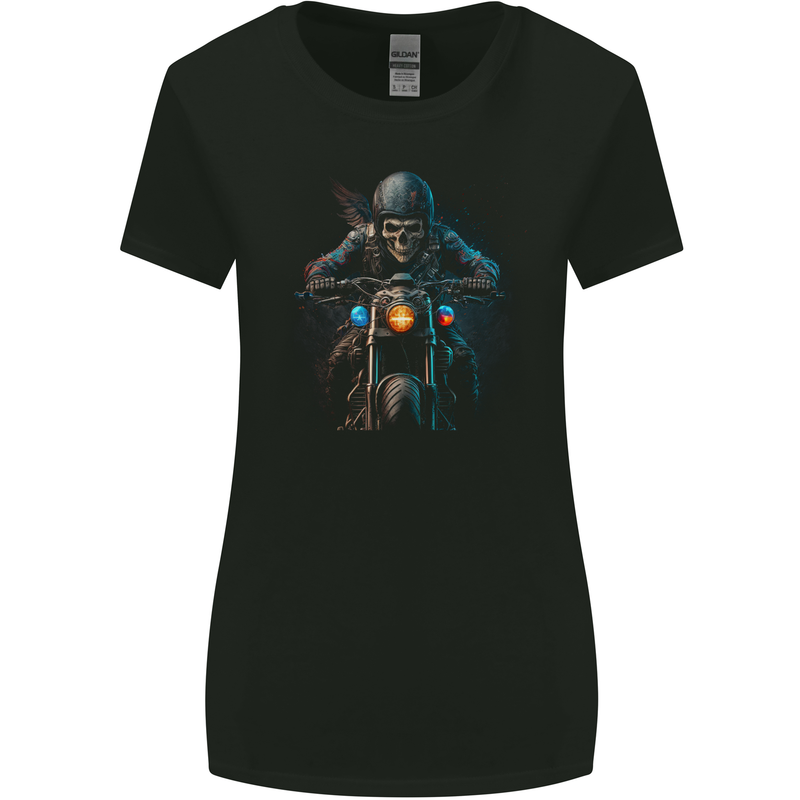 Skull Biker Motorcycle Motorbike Grim Reaper 32 Womens Wider Cut T-Shirt Black