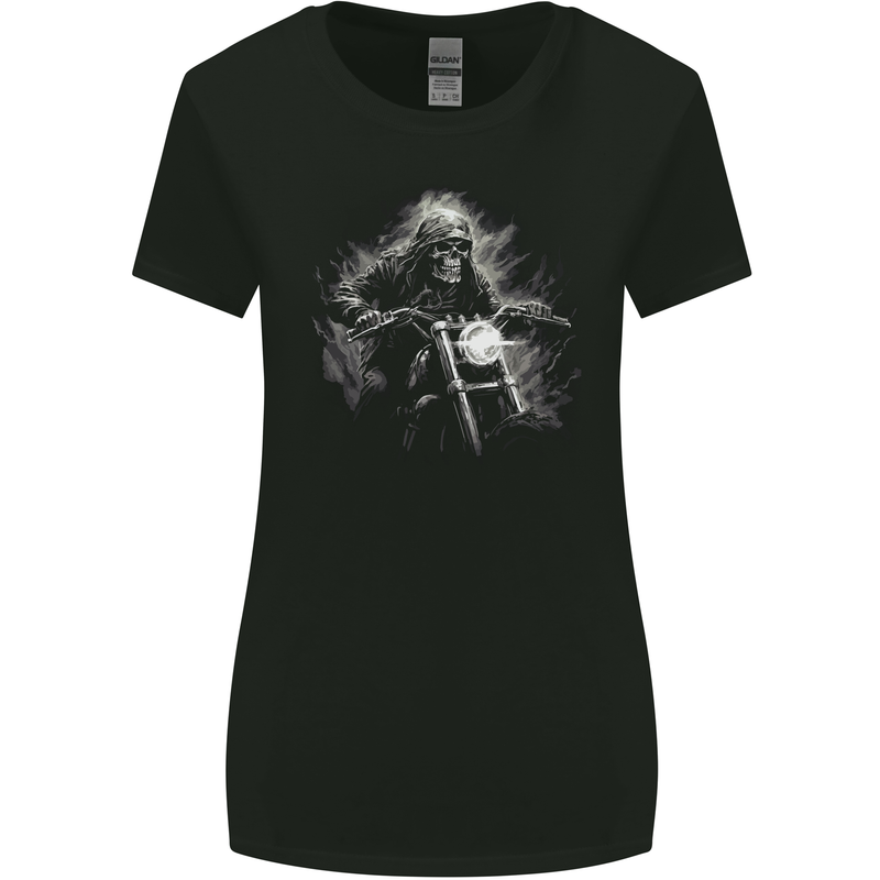 Skull Biker Motorcycle Motorbike Grim Reaper 5 Womens Wider Cut T-Shirt Black