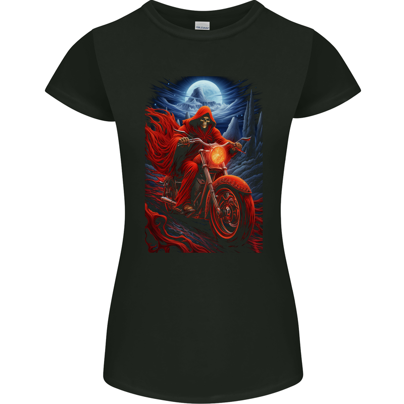 Skull Biker Motorcycle Motorbike Grim Reaper 7 Womens Petite Cut T-Shirt Black