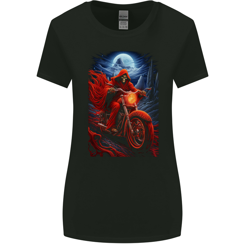 Skull Biker Motorcycle Motorbike Grim Reaper 7 Womens Wider Cut T-Shirt Black
